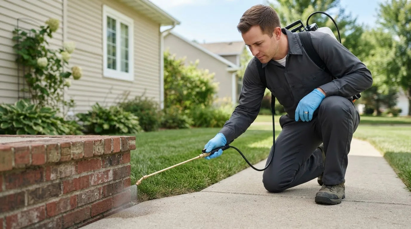 Pest control technician treating a home near Pompey, NY