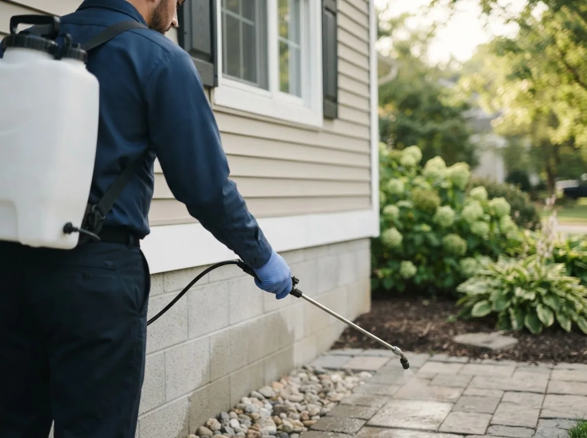 Pest control technician inspecting a home in Pompey, NY